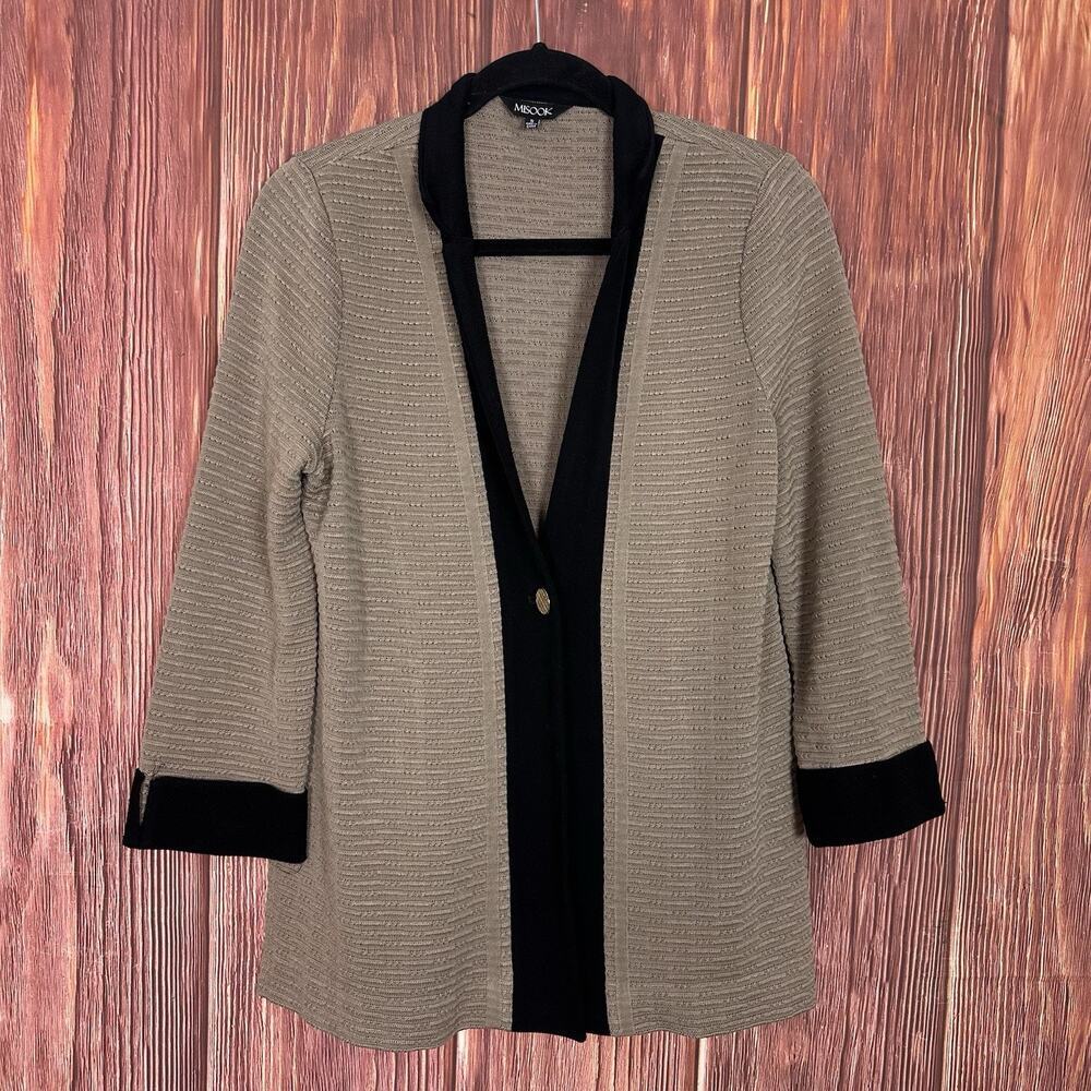 Misook Camel Beige Black Knit One Button Front Cardigan Jacket Collar Size Small
